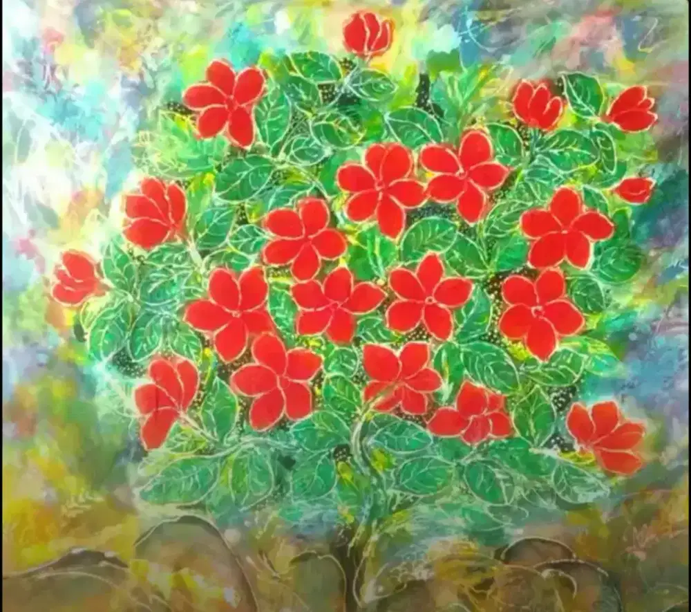 LUKISAN BATIK TULIS BUNGA MERAH (NEW ORIGINAL HANDMADE)