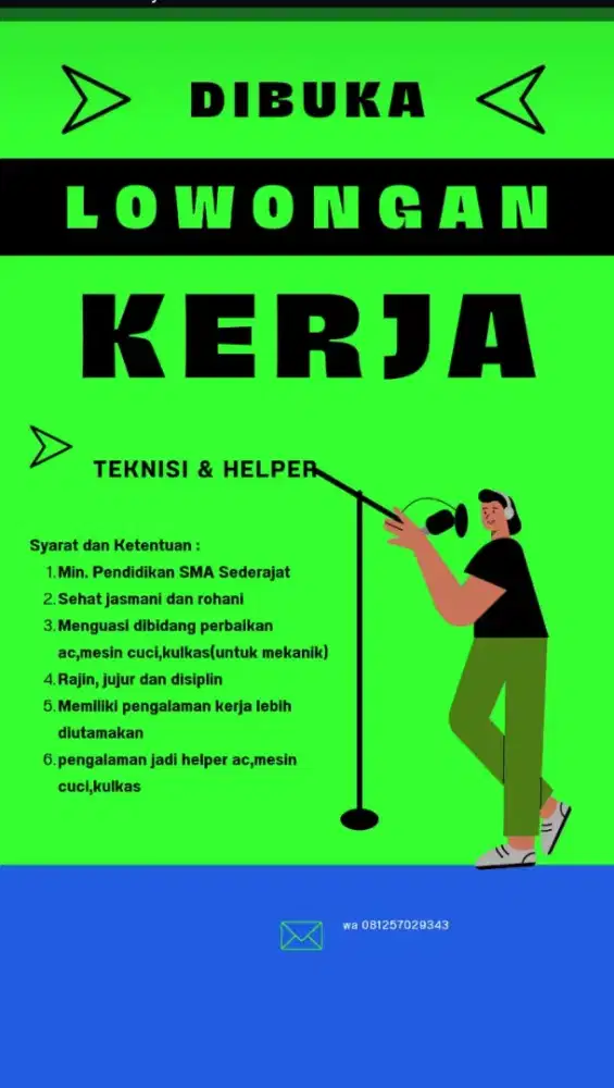 Di butuh kan secepatnya helper untuk service ac dan mesin cuci