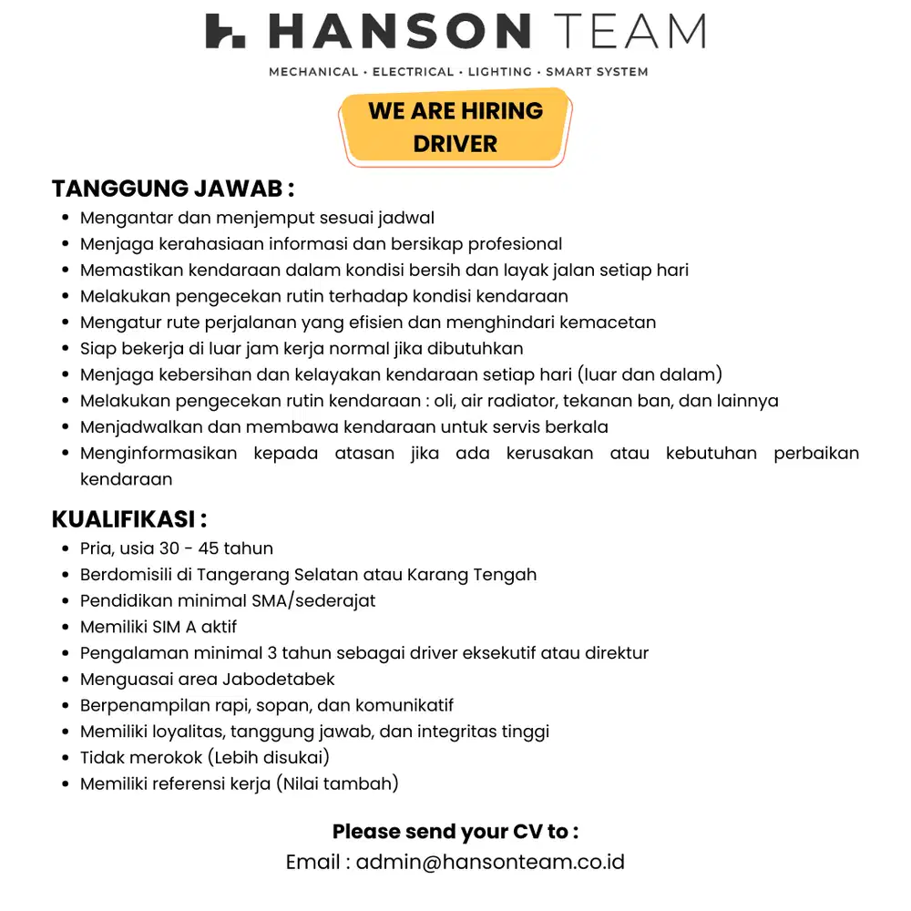 LOWONGAN PEKERJAAN DRIVER
