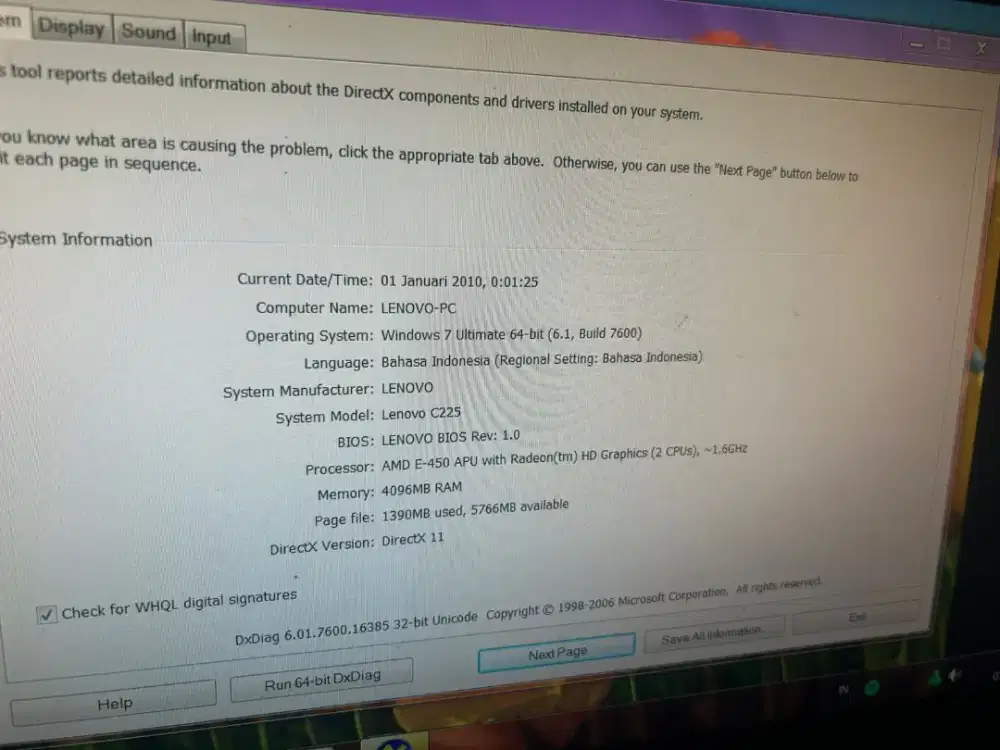 AIO PC ALL IN ONE LENOVO  AMD E450, Ram 4GB ddr3, Hdd 500gb,19 inch