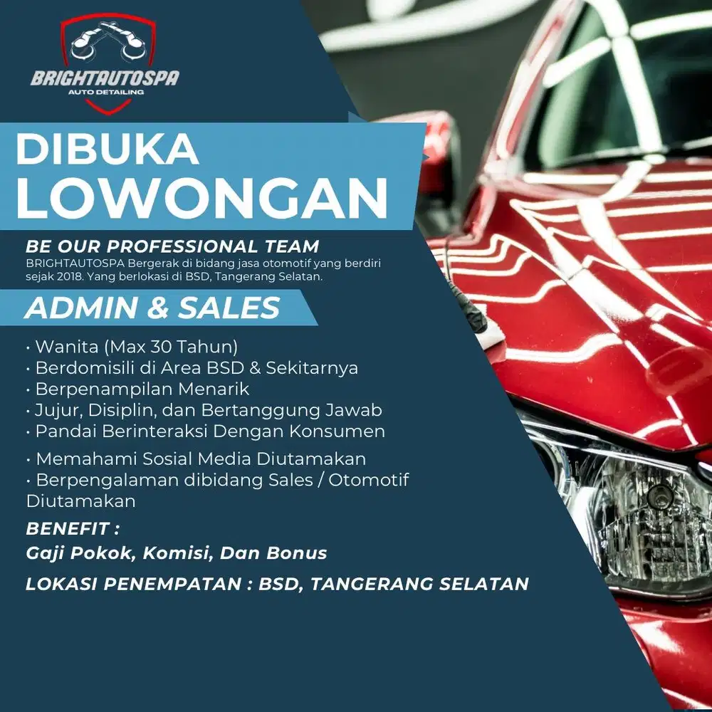 Dibutuhkan segera admin & sales detailing dan mobil bekas