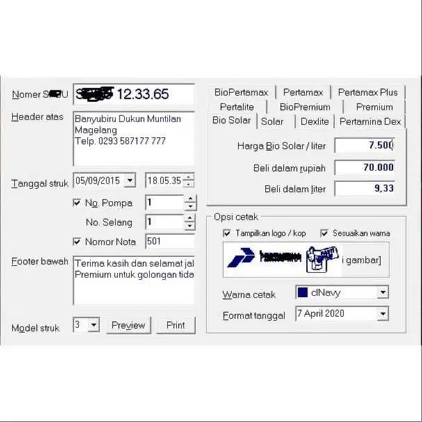 Software Nota BBM Premium Pertalite Solar Pertamax