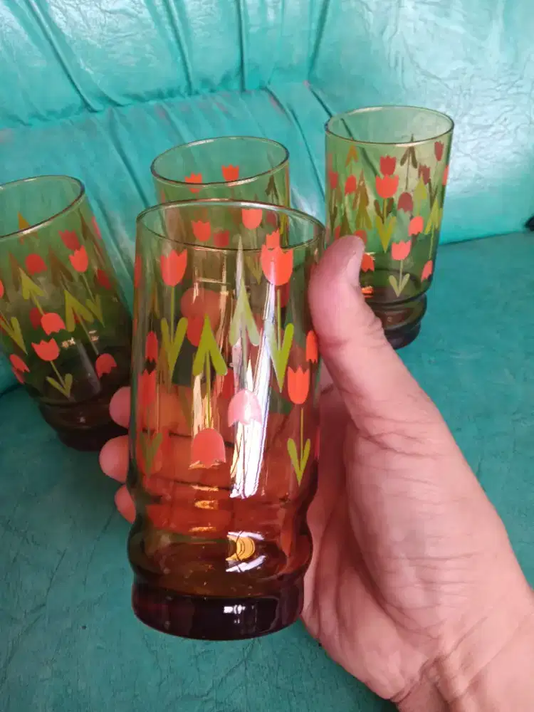 Gelas Aderia Motif Tulip Jadul Borongan 4gelas