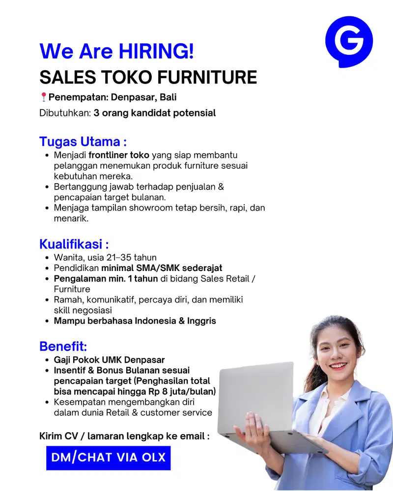 DIBUTUHKAN 3 ORANG SALES TOKO FURNITURE