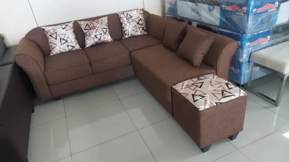 Sofa L 3.2 Calista Kain Dark Brown Bonus Meja Kaca Hokky Malkot