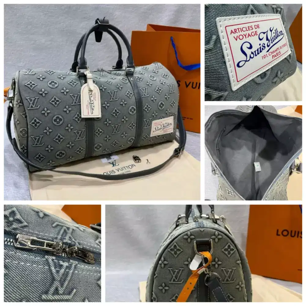 TAS LV KEEPAL MONOGRAM DENIM lengkap box