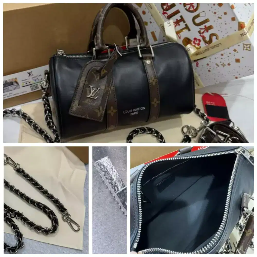 TAS LV KEEPAL XS Black LEATHER lengkap box