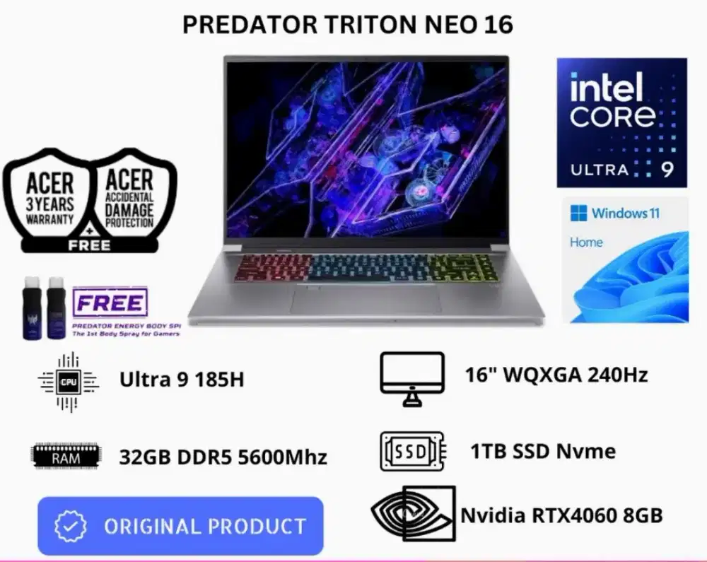 Dijual Acer Predator Triton Neo 16 RTX 4060 (PTN16-51-98BM)