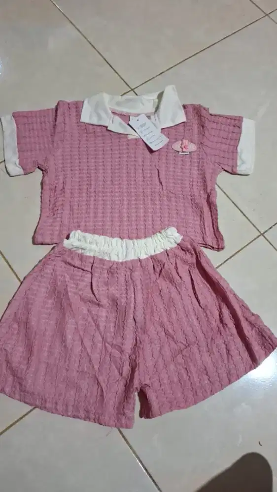 Setelan Baju set anak polo pink set