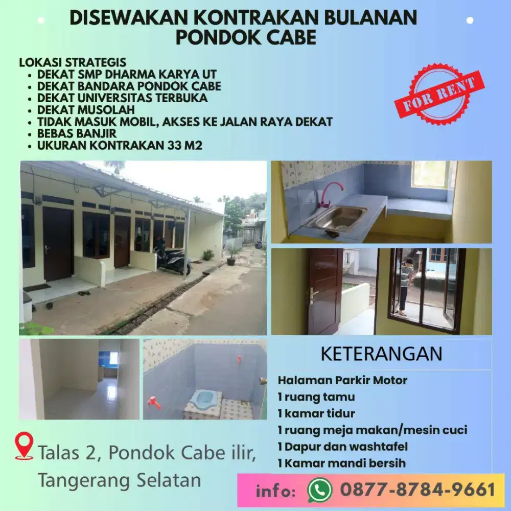 DISEWAKAN RUMAH 3 PETAK LOKASI STRATEGIS PONDOK CABE ILIR TANG-SEL