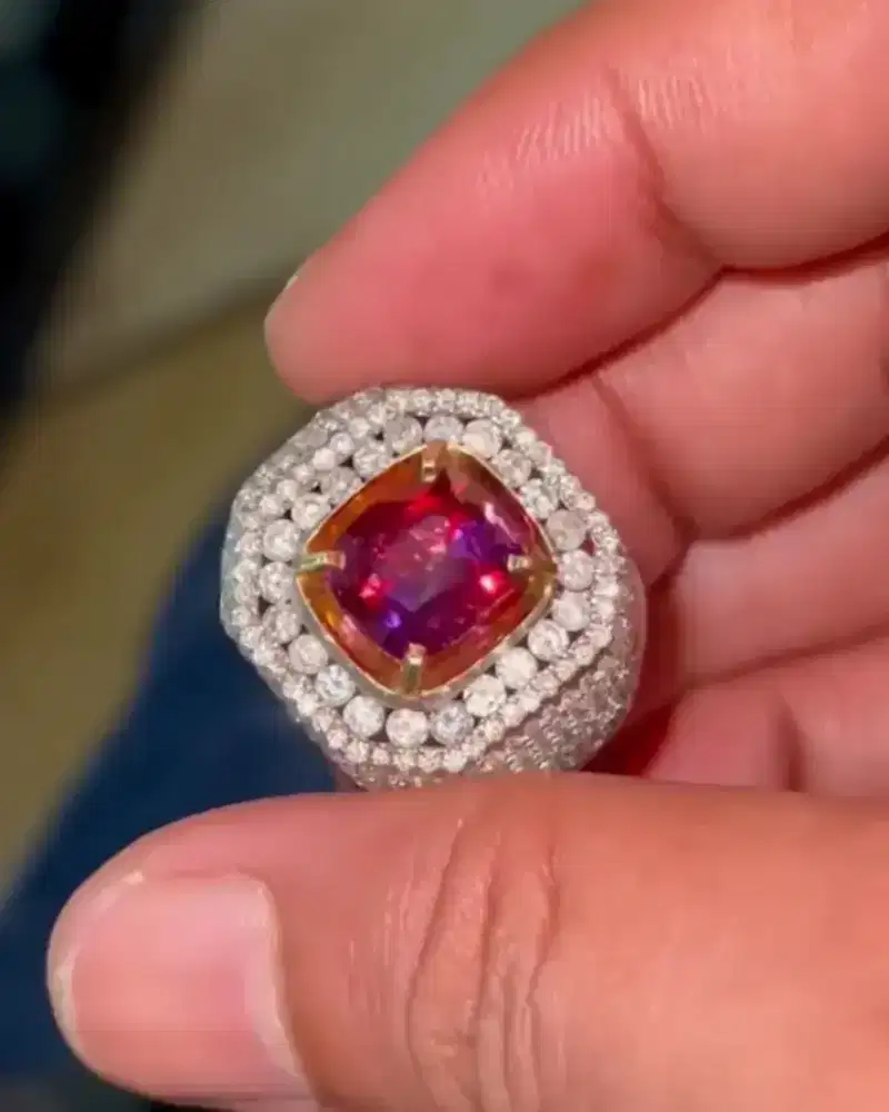 Cincin Permata Fancy Tri Color Sapphire Ring Emas Berlian