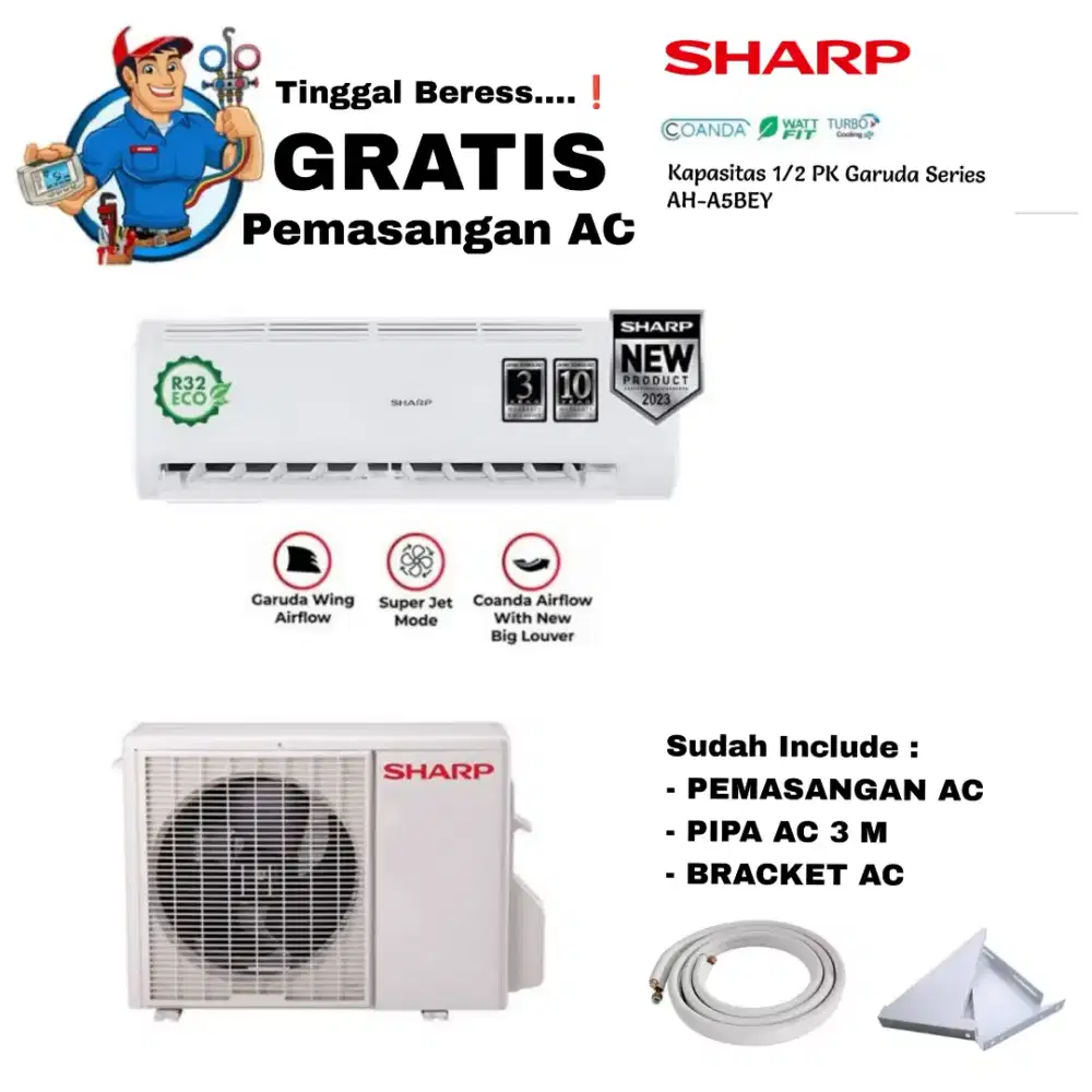 FREE PASANG! SHARP AC Split 1/2 PK MultiFlow Turbo Cooling R32 AH-5BEY