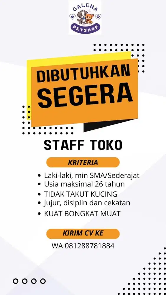 Lowongan staff toko petshop