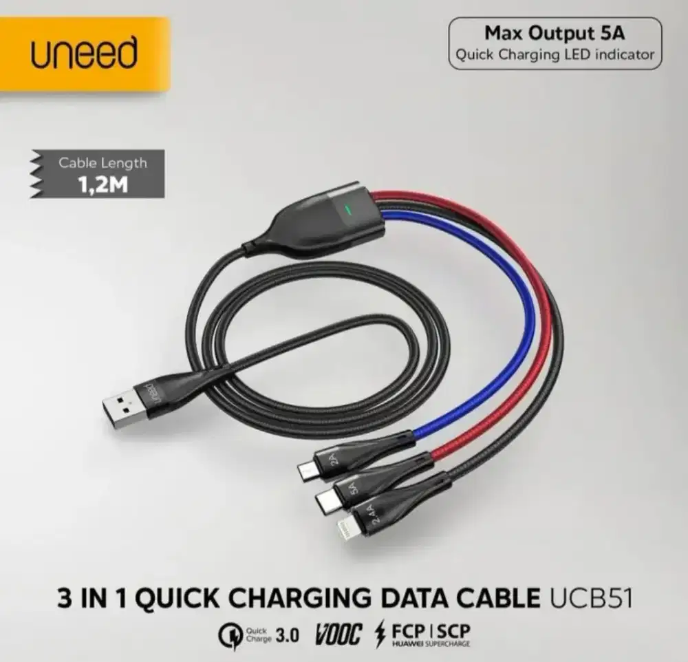 uneed 3 in 1 Quick Charging Data Cable Upto 5A QC3.0 VOOC UCB51 Ori
