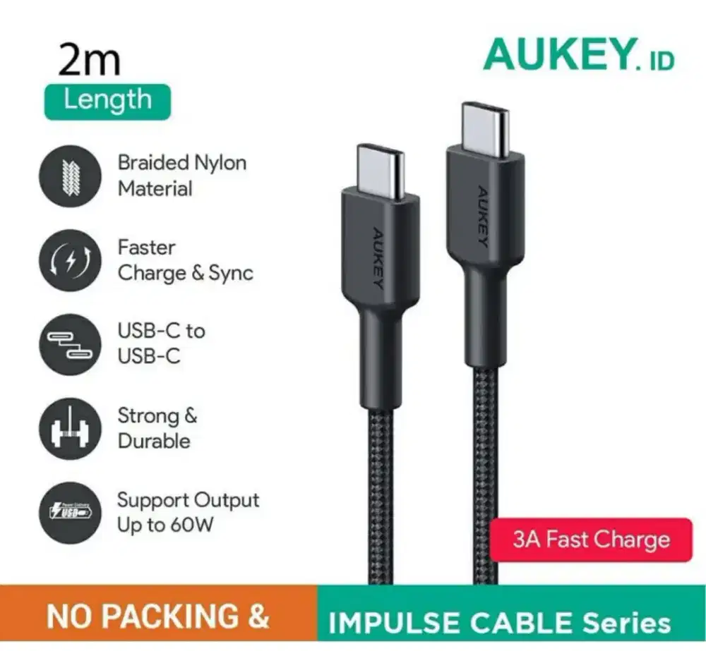 AUKEY USB C to Type C 3A Nylon 2m Ori