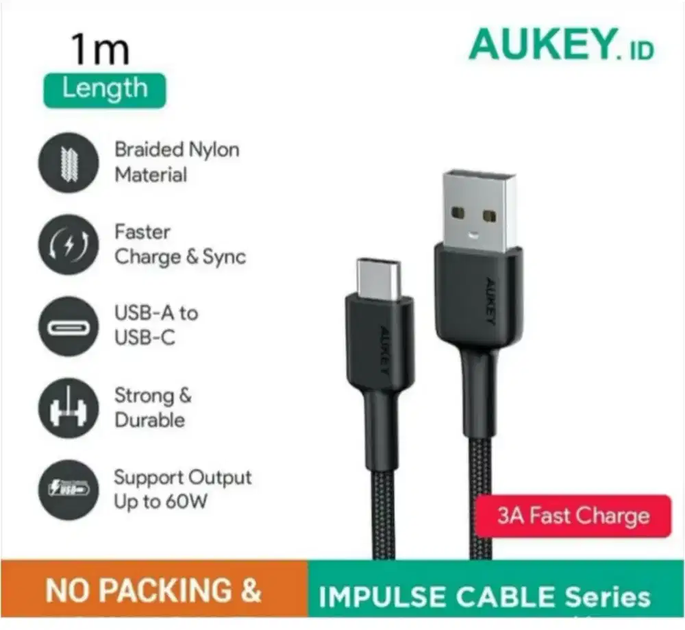 AUKEY USB A 2.0 to Type C 3A Nylon 1m Ori (No Packing)