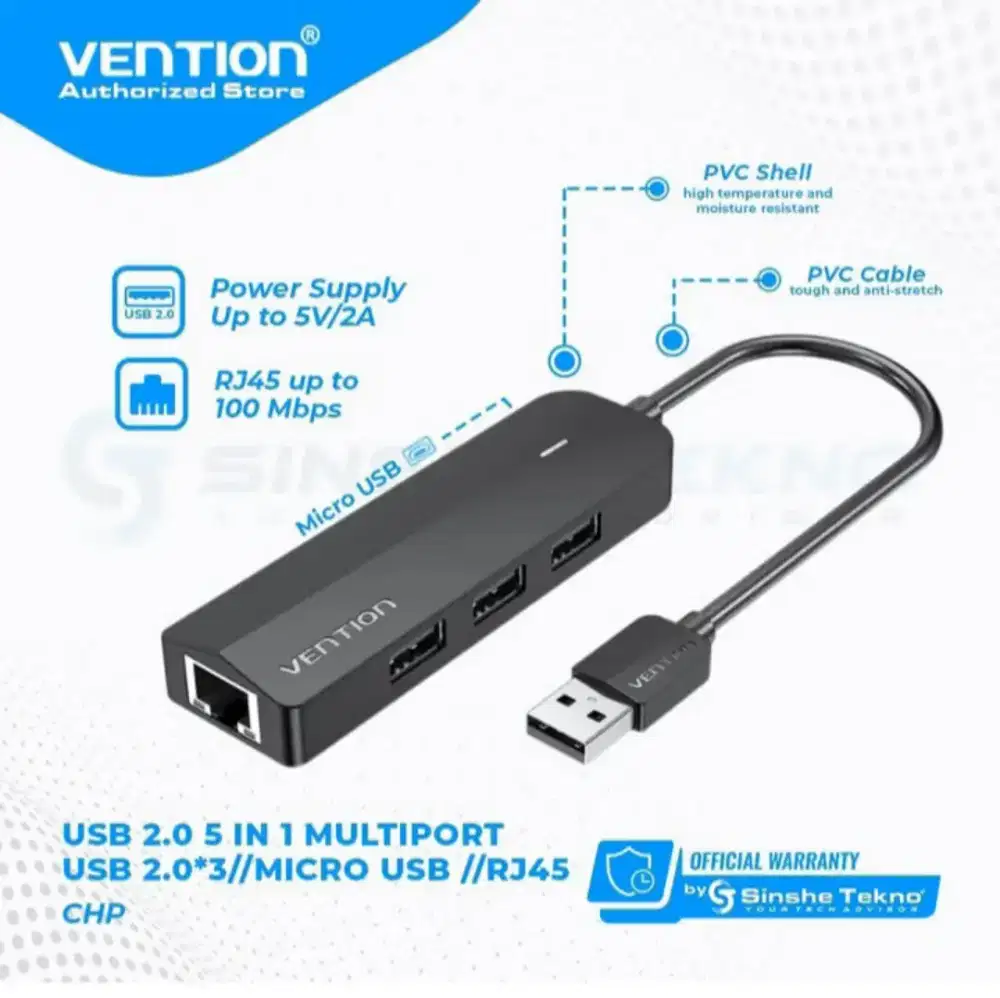 Vention USB2.0 Multiport Ethernet RJ45 Kabel Panjang 15cm Ori