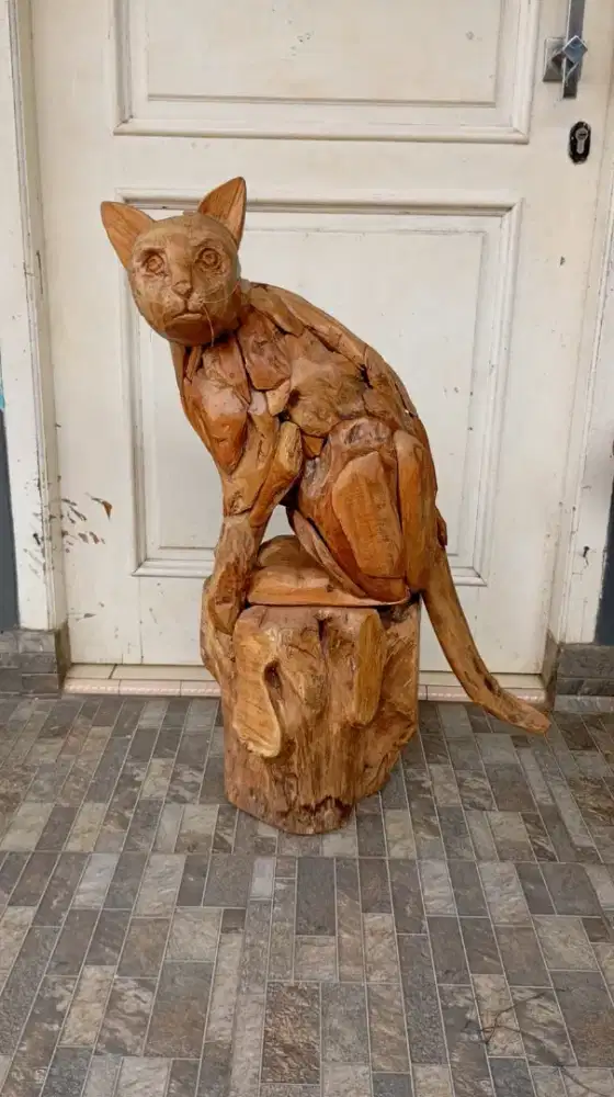 Patung Kucing Rustic Kayu Jati