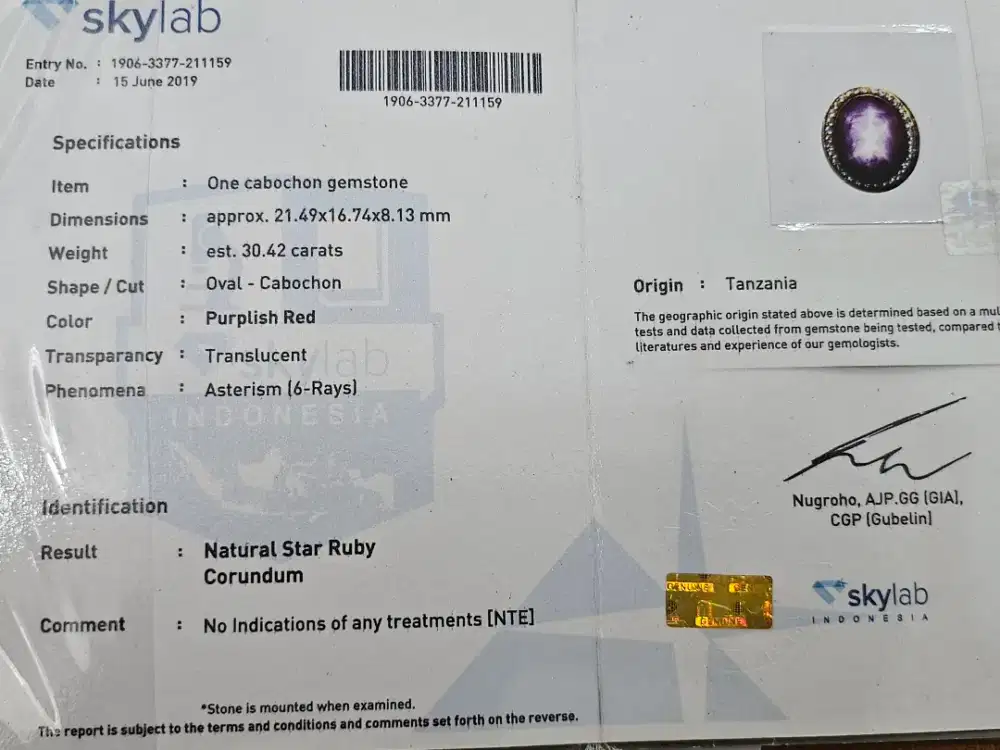 Natural Star Ruby Corundum Sertifikat Ring Perak Swarosky