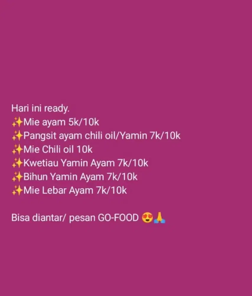 Ready ya mie ayam, pangsit ayam, mie Jebew, pangsit Jebew,DLL