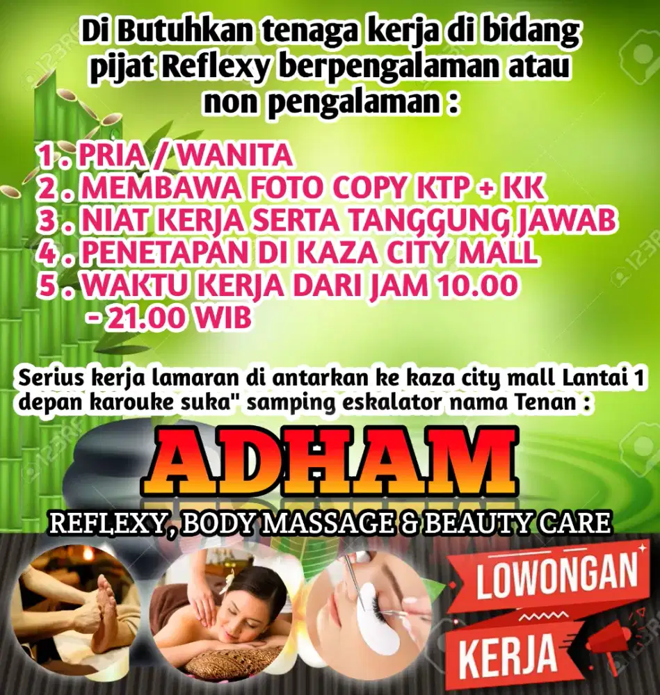 LOWONGAN KERJA PIJAT REFLEXY PENGALAMAN ATAU NON PENGALAMAN