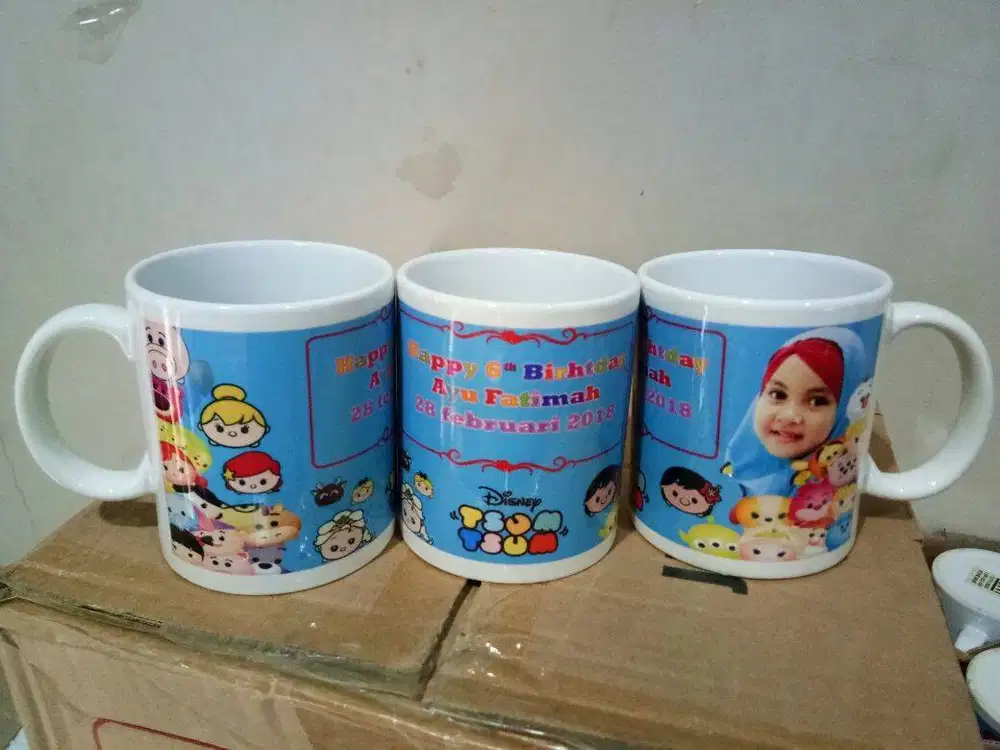 Souvenir Mug Gelas Ulang Tahun Pernikahan Print Full Warna Foto Logo