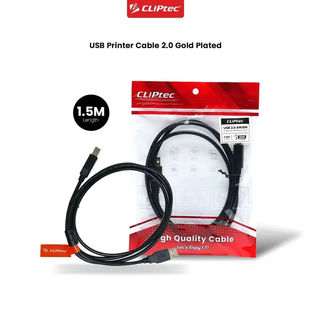 Kabel USB 2.0 Printer 1,5meter, 3 meter, 5meter Gold Plated Cliptec