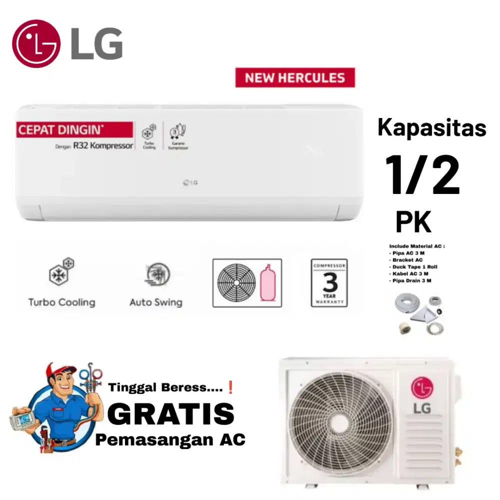 FREE PASANG! LG AC Split 1/2 PK TURBO COOLING R32 Auto Clean H05TN4