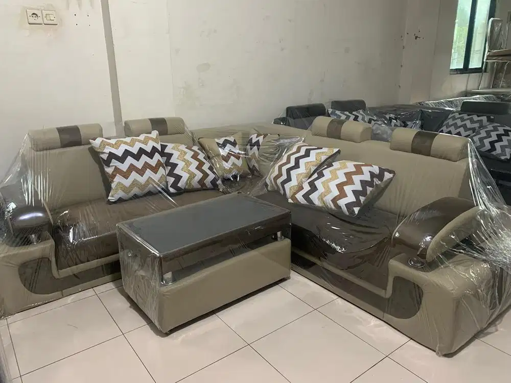Sofa L sudut cream mocca