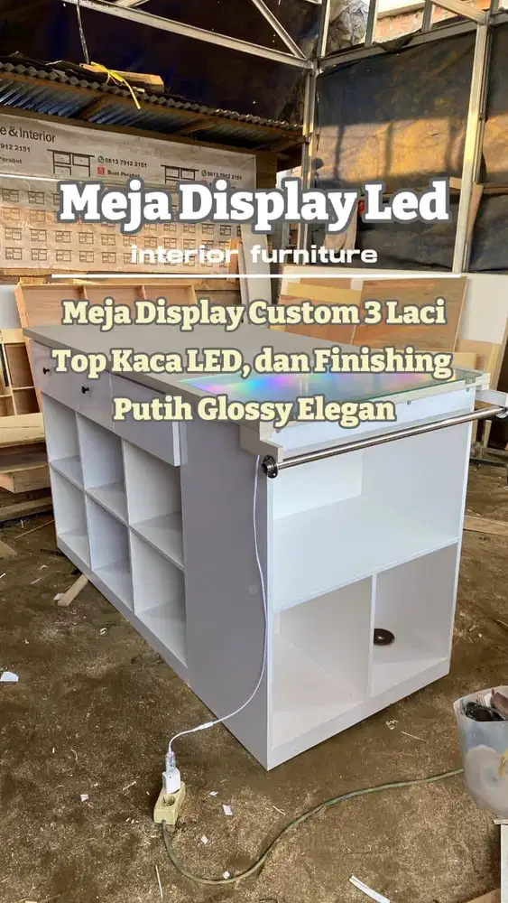 MEJA DISPLAY CUSTOM/MEJA KASIR/MEJA TOP KACA LED/RAK BUKU/MEJA DISPLAY
