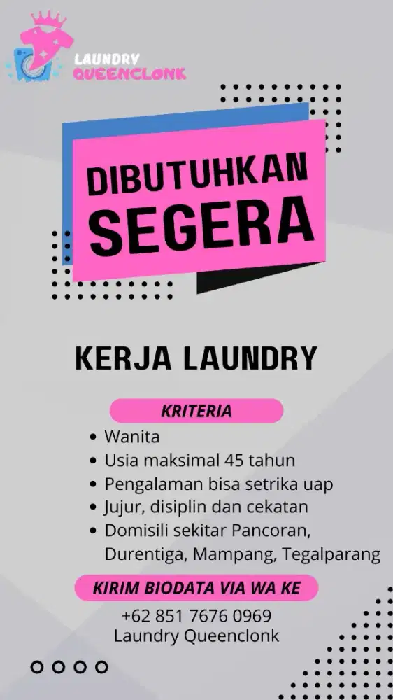 Dibutuhkan Wanita Pengalaman Setrika Uap Laundry