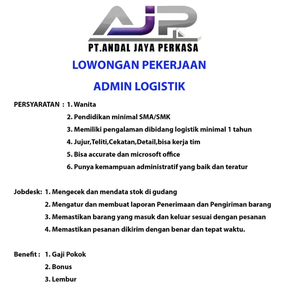 Lowongan Pekerjaan : Admin Logistic
