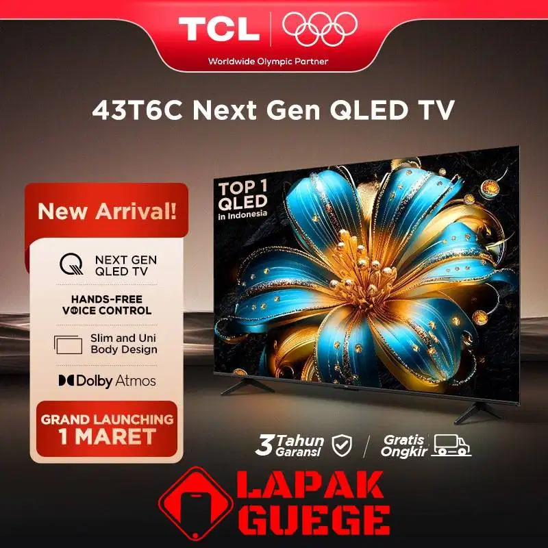 TCL QLED 43 inch 43T6C 4K Google TV HVA Panel HDR 10+ Digital TV Baru