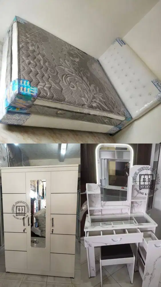 FULL SET KASUR+DIVAN, LEMARI BAJU 3 PINTU, MEJA RIAS