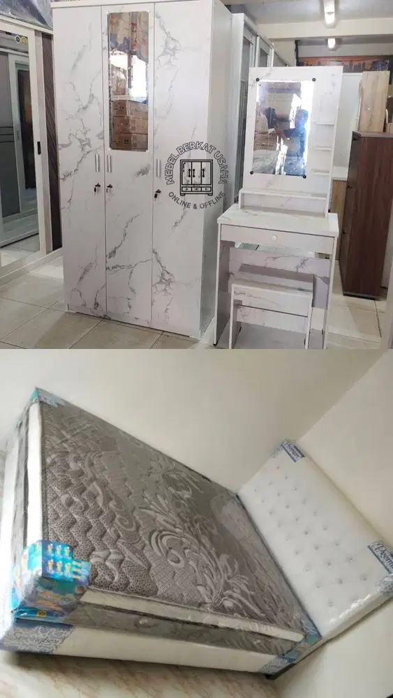 FULL SET KASUR+DIVAN, LEMARI BAJU 3 PINTU, MEJA RIAS