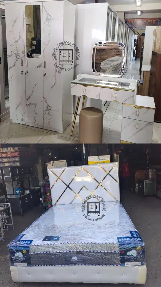 FULL SET KASUR+DIVAN, LEMARI 3 PINTU, MEJA RIAS LED