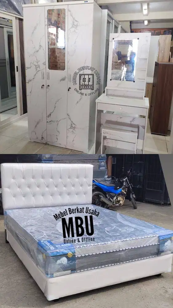 FULL SET KASUR+DIVAN, LEMARI BAJU 3 PINTU, MEJA RIAS