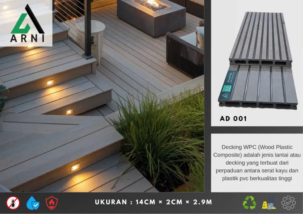 ARNI Decking WPC Lantai Kayu Outdoor Motif Garis Lurus Panjang 2,9m