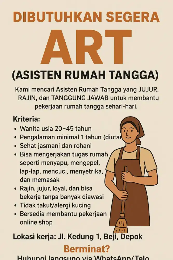 DIBUTUHKAN SEGERA - ART (Asisten Rumah Tangga)
