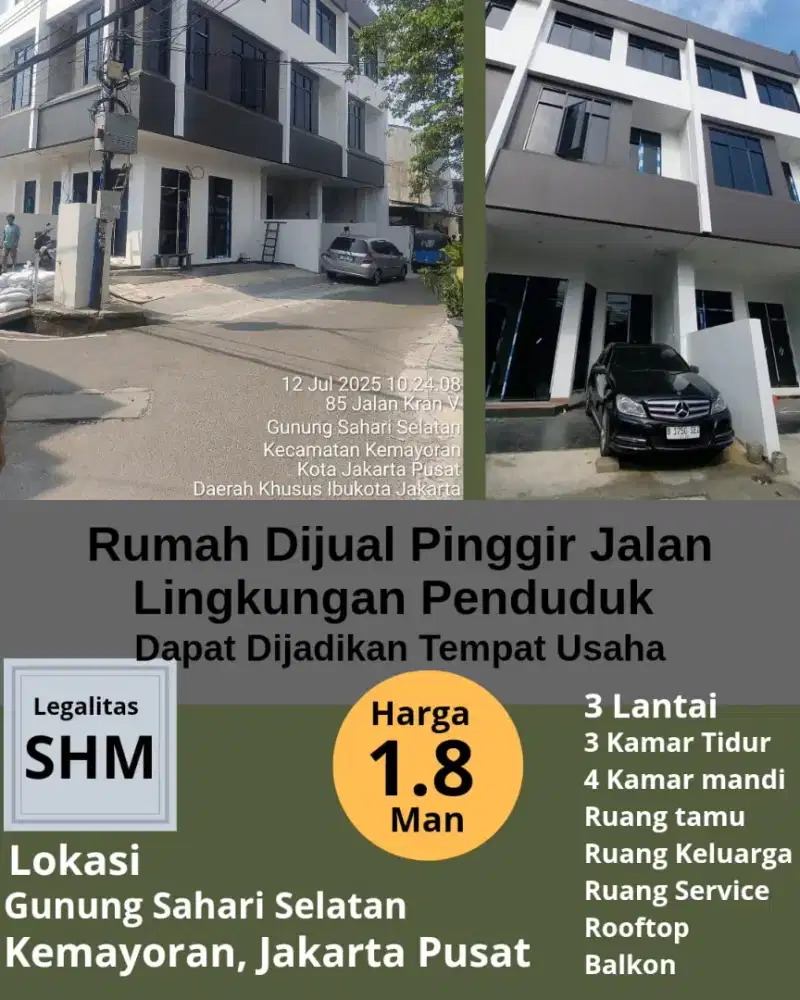 Rumah 3 Lantai di Kemayoran Bisa Jadi Tempat Usaha