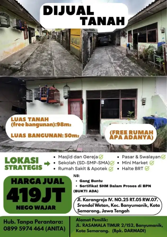 Jual Tanah Strategis Bonus Rumah Srondol Wetan Sangat Strategis