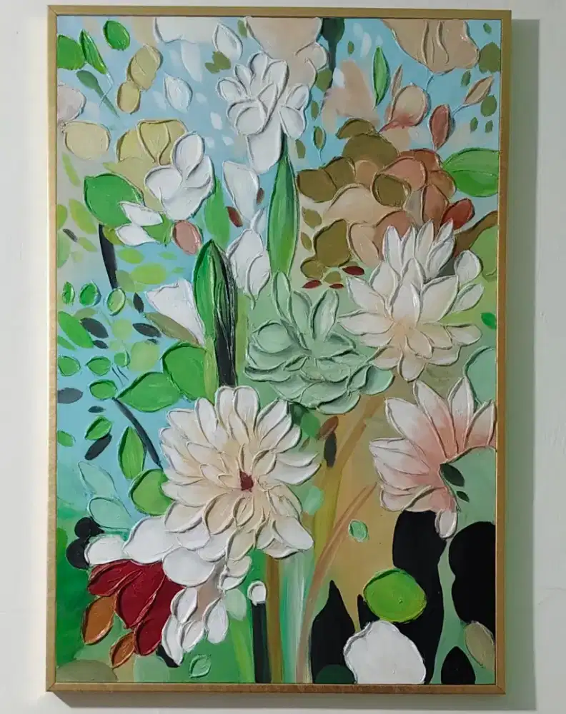 lukisan abstrak bunga warna dasar hijau kanvas FUTURE ART PAINTING