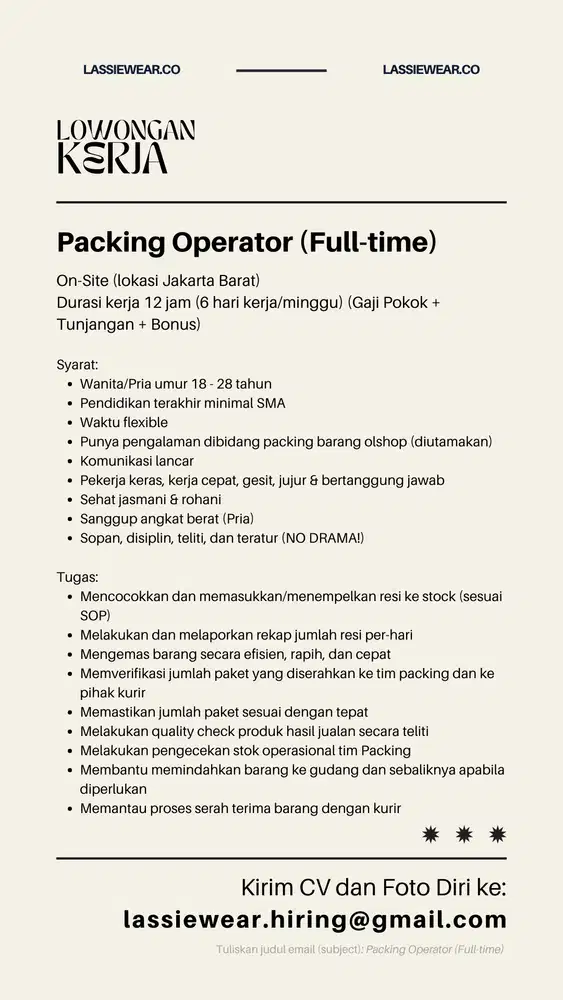 LOWONGAN KERJA OPERATOR PACKING ONLINE SHOP OLSHOP JAKARTA BARAT