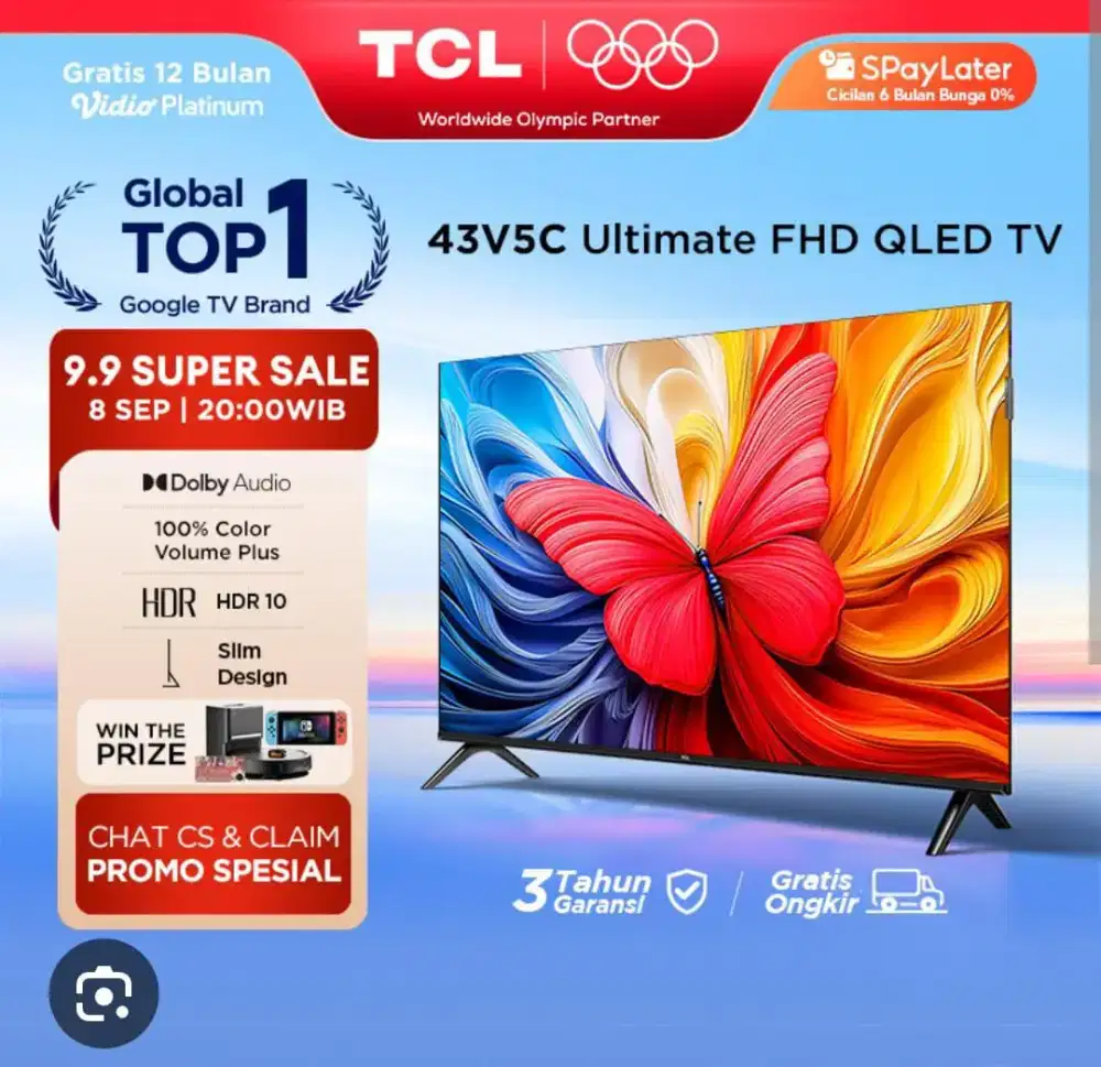 Tcl 43 inc google tv QLED BARU segel garansi resmi+pasang bracket tv