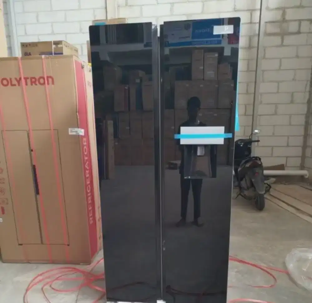 PROMO KULKAS SIDE BY SIDE POLYTRON PAKAI DISPENSER BLACK GLASS
