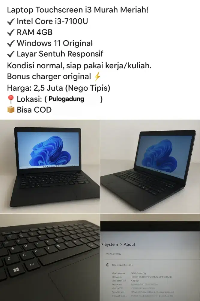 BU Laptop Touchscreen i3-7100U | 4GB RAM | Windows 11 Original | Mulus