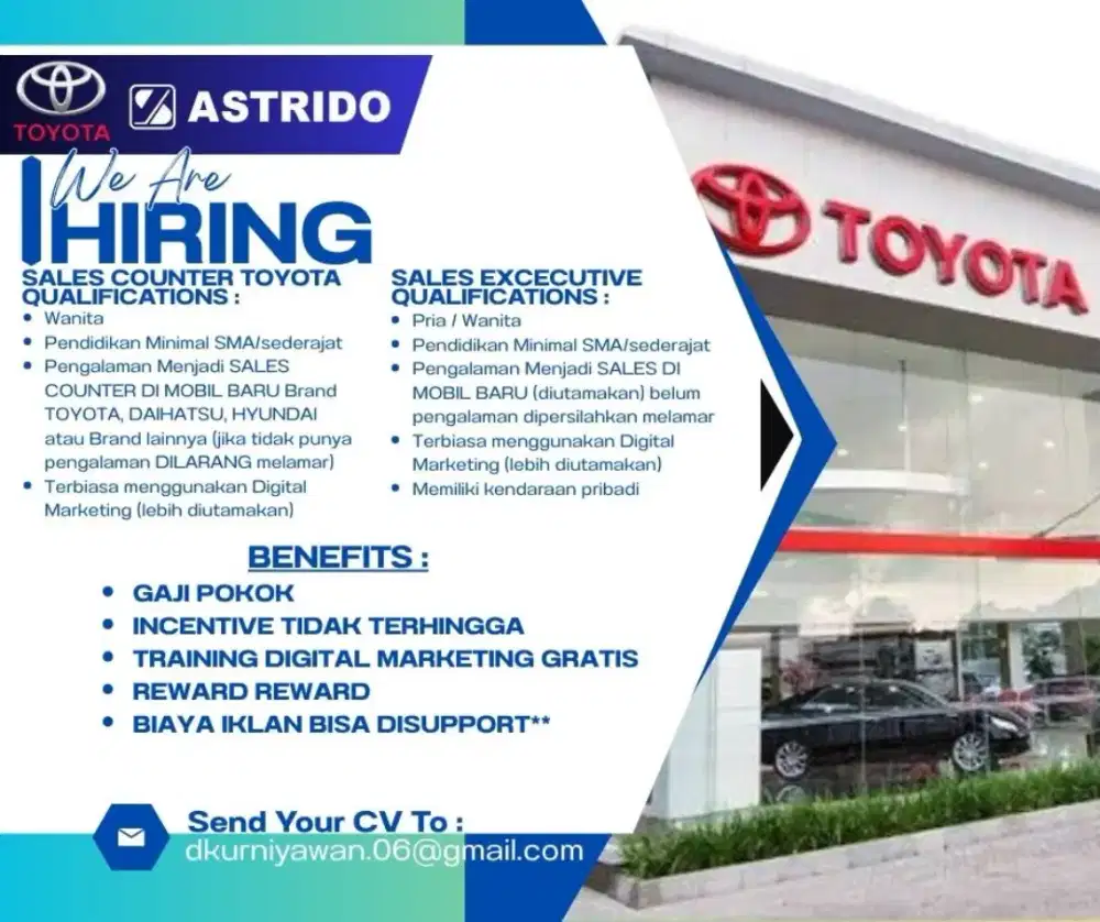 Dibutuhkan Sales Counter dan Sales Excecutive Mobil Toyota