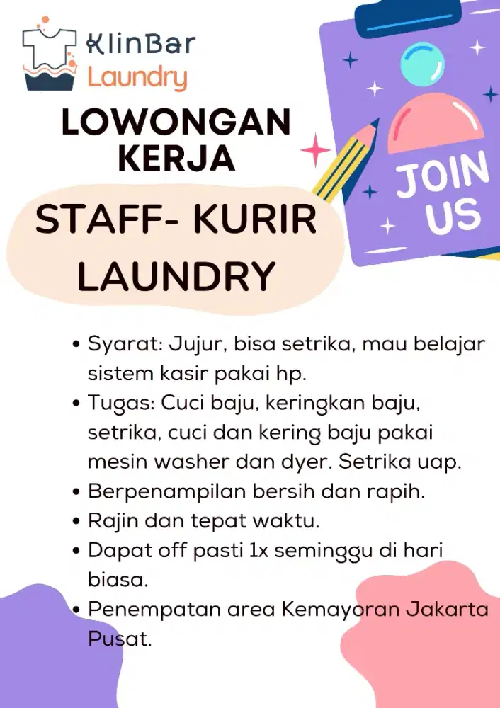 Dicari Staff Laundry Kemayoran Jakarta Pusat