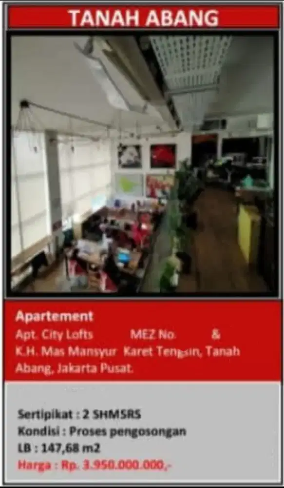 Dijual 2 Unit Gandeng Apartemen City Lofts Mez Tanah Abang