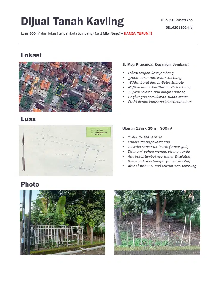 Dijual Tanah Kavling Strategis (Luas 300m2 ditengah kota Jombang)